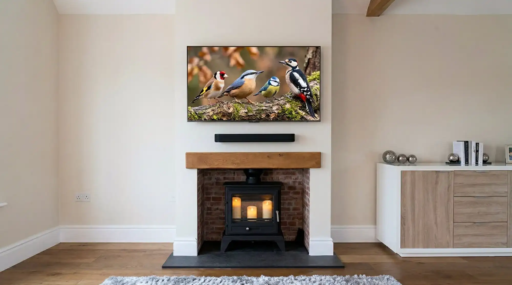 Completed tv & soundbar above log burner — essex by Advanced Aerials