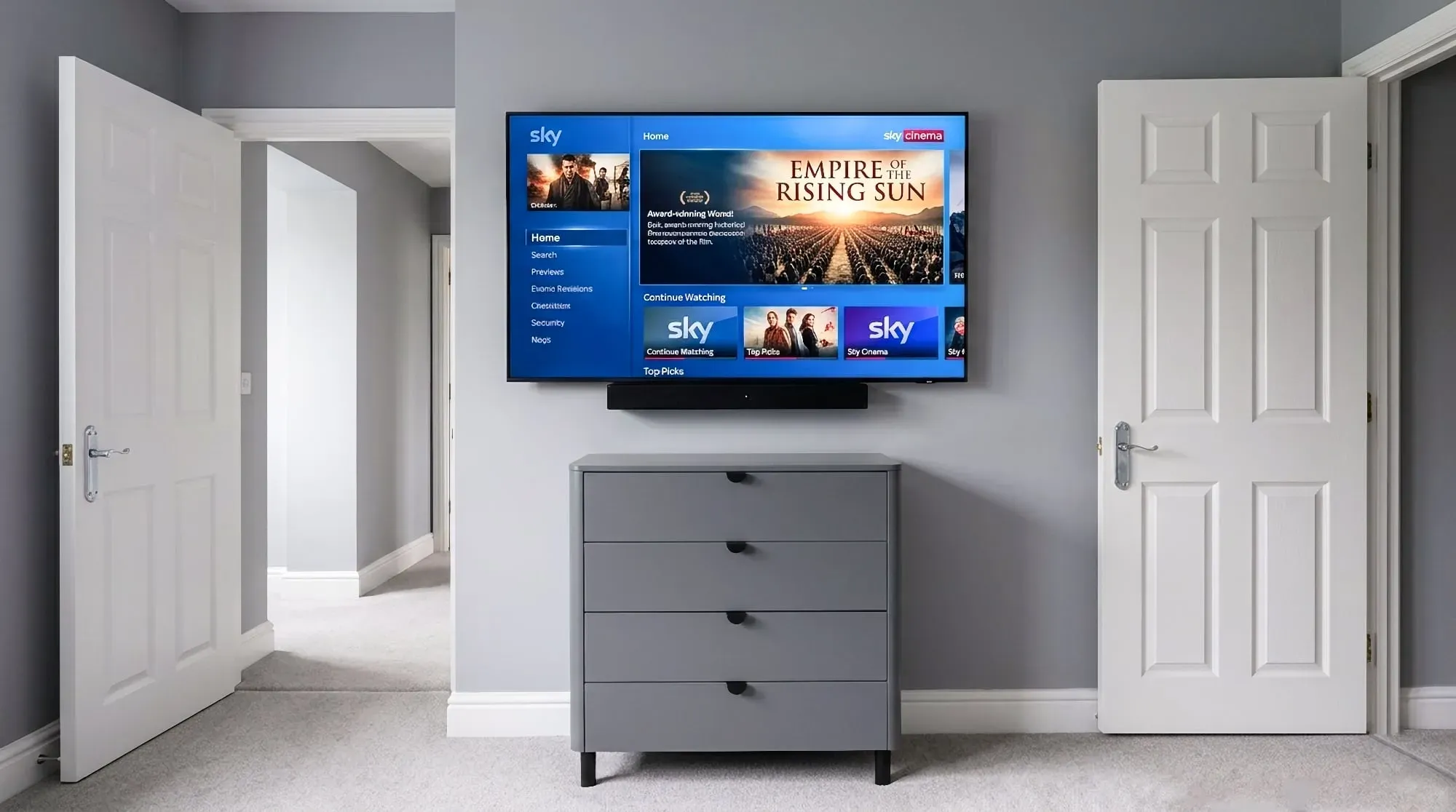 TV wall mounted above a chest of drawers with every cable hidden in the wall, Braintree
