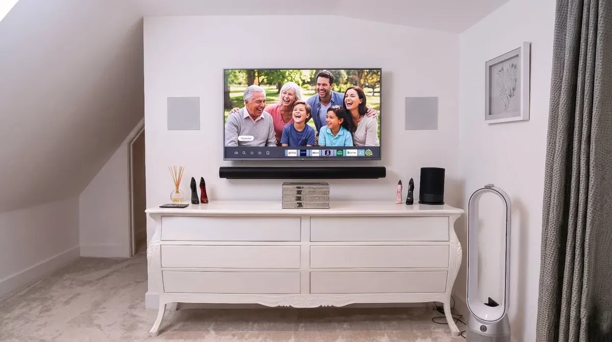Flush in-wall speakers either side of a wall-mounted TV and soundbar in a Tiptree bedroom